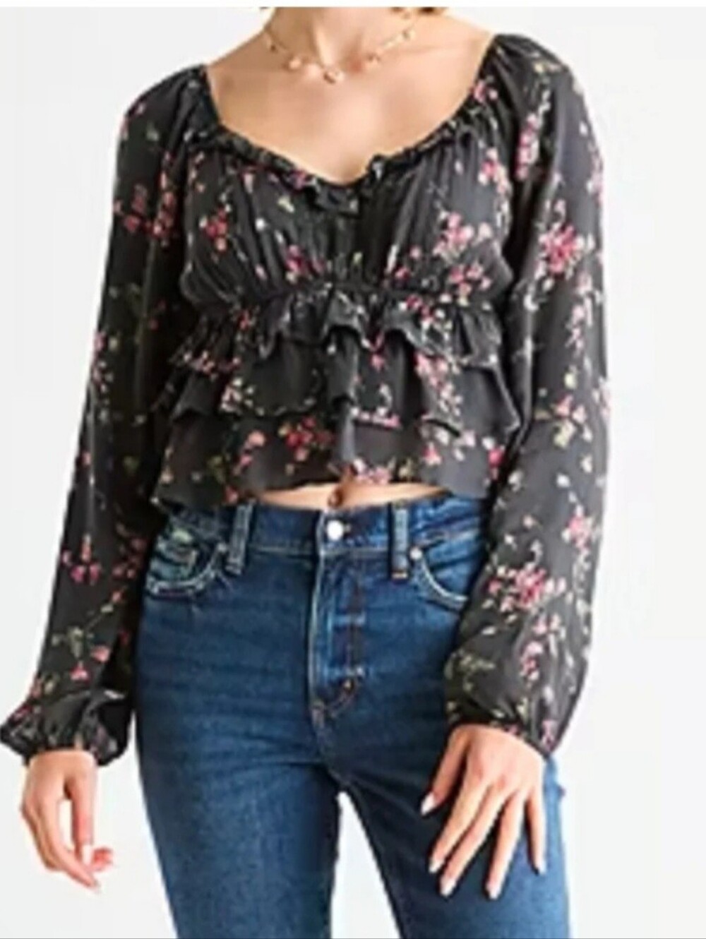 Arizona Jean Company Black Pink Floral Ruffle Crop Blouse